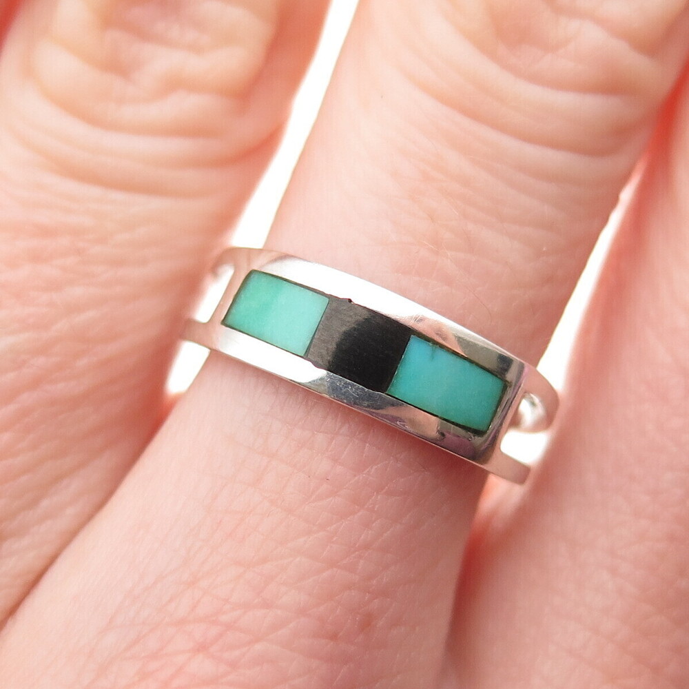 Old Pawn 925 Sterling Silver Vintage Turquoise Black Onyx Tribal Ring Size 6.75